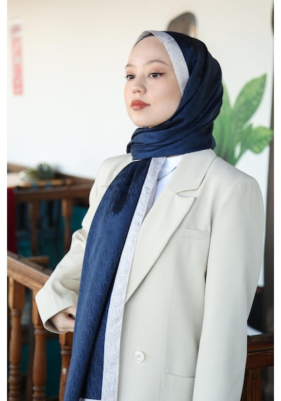 Premium Lux Original Monogram Şal İpek Vual, Yüksek Kalite, Hafif, Rahat, Şık, Tesettür, Shawl Lacivert Krem Şeritli