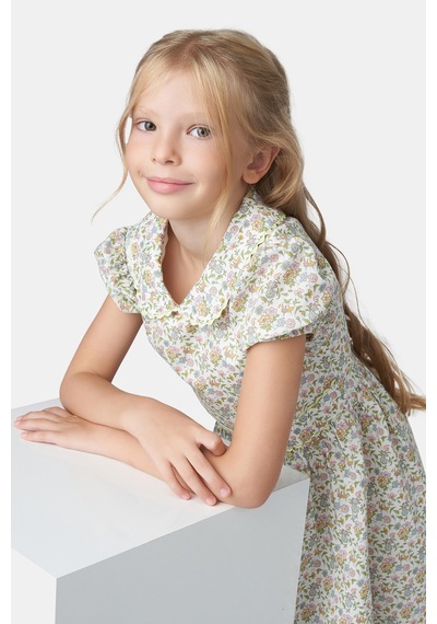 Made With Liberty Fabric Liberty Kumaş Kız Çocuk Bebe Yakalı Çiçek Desenli Elbise Krem