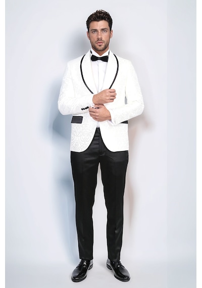Damask Desenli S Al Yaka Beyaz Smokin - Wessi Beyaz