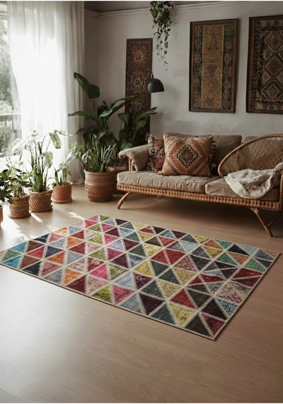 El Dokuması Vintage Patchwork Halı %100 Yün Ve Doğal Boyalı Çok Renkli