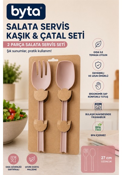 Salata Servis Kaşık Ve Çatal Seti 2'li Bpa İçermez Ergonomik Mutfak Servis Seti Pembe