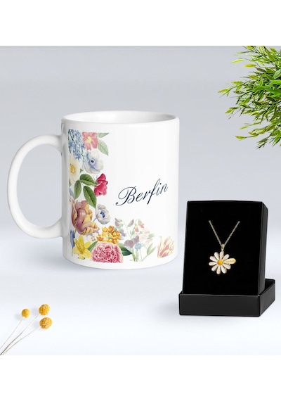 Bk Gift Kişiye Özel İsimli Çiçek Tasarımlı Beyaz Kupa Ve Papatya Kolye Hediye Seti - 8, Sevgiliye Hediye, Anneye Hediye, Arkadaşa Hediye Kobitmeyencom