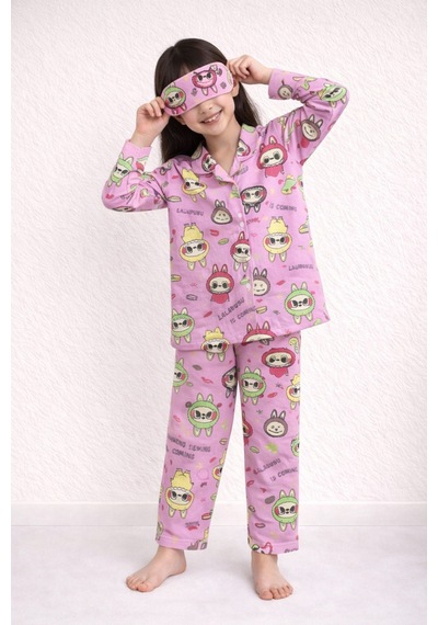 Beka Kids Labubu Desenli Uzun Kollu Önden Düğmeli Gömlek Yaka Kız Çocuk Pijama Takımı %100 Pamuklu Bej Beka Kids Labubu Desenli Uzun Kollu Önden Düğmeli Gömlek Yaka Kız Çocuk Pijama Takımı %100 Pamuklu Bej