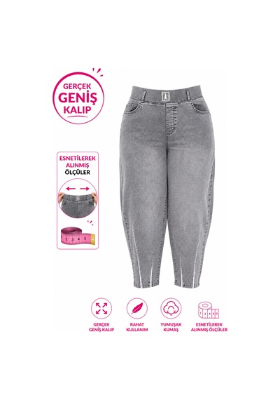Zanessi Büyük Beden Beli Lastikli Cepli Likralı Denim Mom Kesim Kadın Pantolon Gri