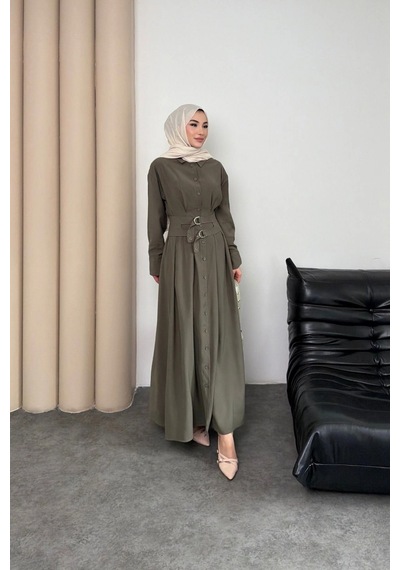 Mihran Butik Valeno Model Coupra Model Kumaş Kemer Detaylı Elbise Haki