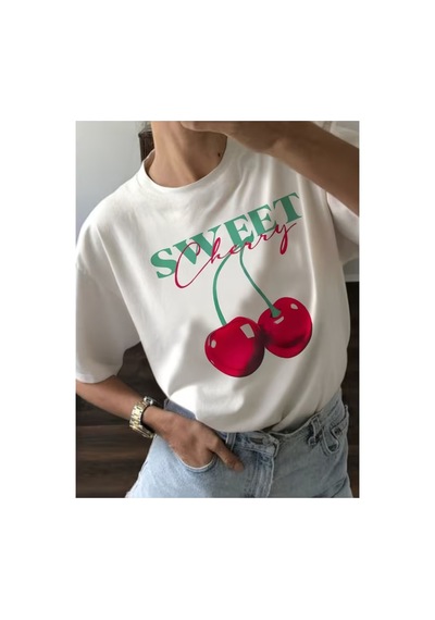 Kadın Coquette Sweet Cherry Baskılı T-shirt Beyaz