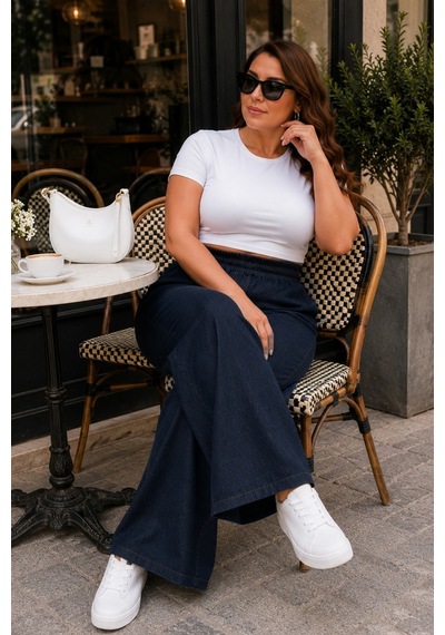 Cedy Denim Kadın Büyük Beden Yüksek Bel Palazzo Pantolon Yazlık İnce Kumaş Terletmez Likralı C633 Lacivert