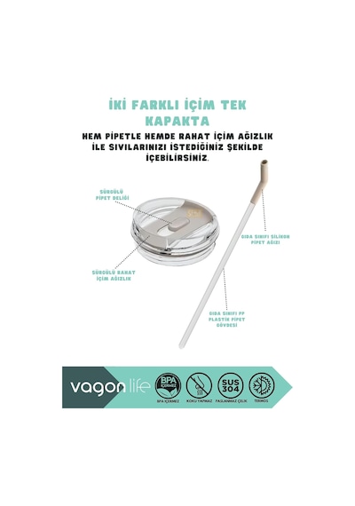 Vagonlife Tumbler 950ml Pipetli/pipetsiz Kullanım Fonksiyonel Kulplu Paslanmaz Çelik Termos Açık Mavi Diğer