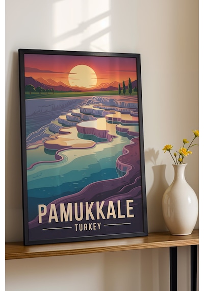 Pamukkale Tablo - Retro Travel Poster - Denizli Şehir Serisi Duvar Dekoru - Çerçeveli İllüstrasyon Siyah