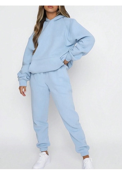 Basic Düz Eşofman Takımı Sweatshirt Jogger - Bebe Mavi Oversize Şardonlu Kapüşonlu Bej