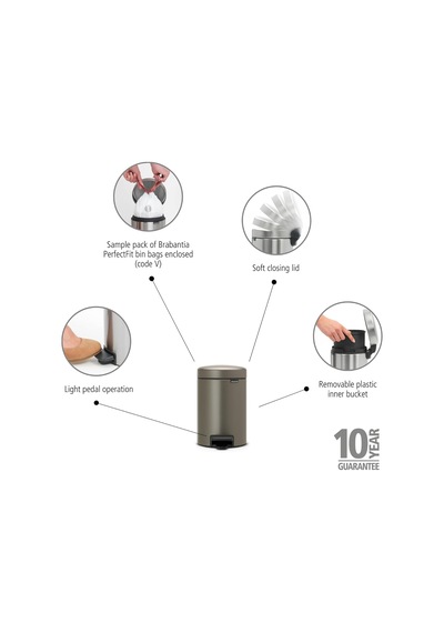 Tret Çöp Kovası, İç Kovalı, Plastik, Çelik, Çelik, Gri Platinum , 3 Liter