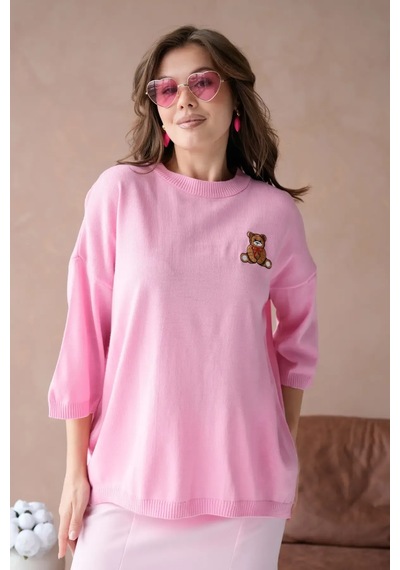 Park Karon 10729 Kadın Bisiklet Yaka Nakış Detay Oversize Trko Kazak Pembe
