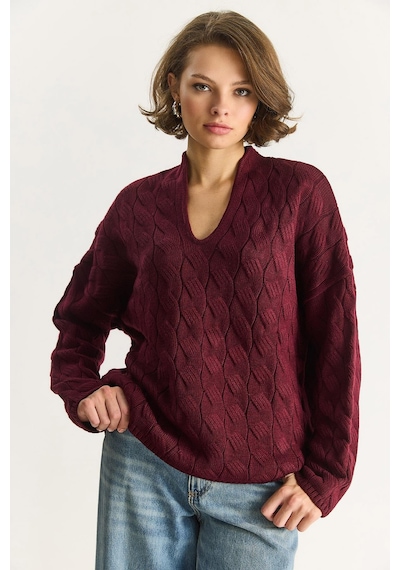 Shade Kadın Oval Yaka Saç Örgü Oversize Triko Kazak Tk241277 60284091 - Bordo