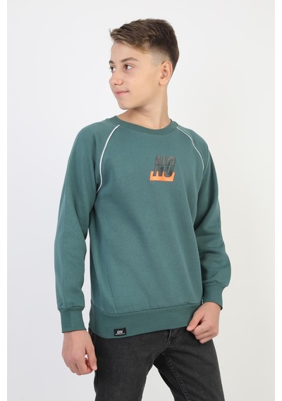 No Baskılı Kapşonsuz Rahat Erkek Çocuk Sweatshirt-90832 Yeşil