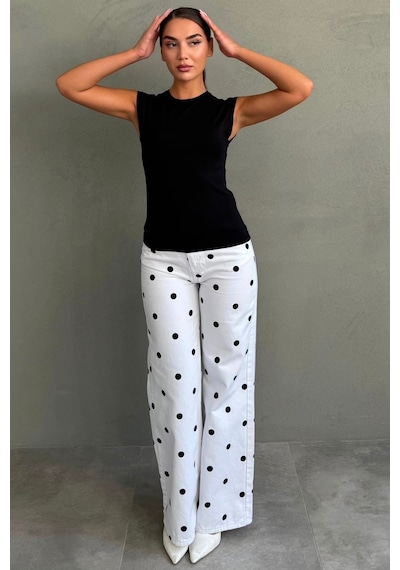 Madmext Beyaz Puantiye Desenli Yüksek Bel Pantolon Mg2861