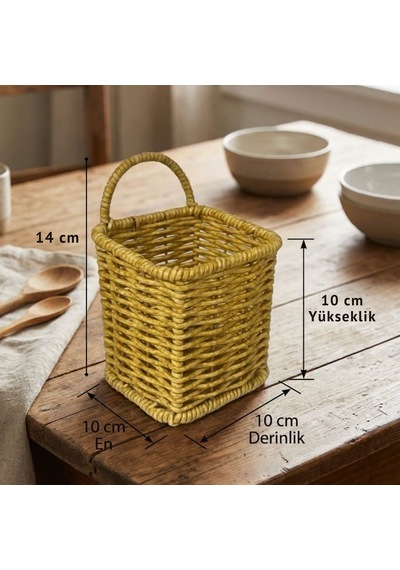 Buffer Kare Hasır Dokulu Plastik Rattan Kaşıklık & Çatallık Askılı Kendiliğinden Tutmalı Çok Amaçlı Mutfak Organizeri Açık Kahverengi
