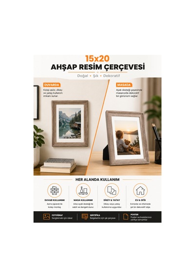 15x20 Ahşap Resim Çerçevesi Masaüstü Ve Duvara Asılabilir Fotoğraf, Poster Ve Sertifika Çerçevesi Doğal Ahşap Görünümlü 34214235