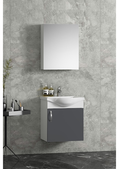 Yıldız 45 Cm Beyaz-antrasit Gri Mat Mdf Seramik Lavabolu Asma Banyo Dolabı Takımı