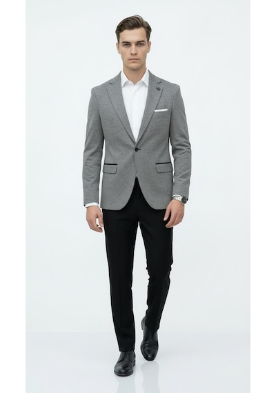 Erkek Siyah Slim Fit Blazer Ceket Tek Düğme Çift Yırtmaç Kollu Yamalı Siyah