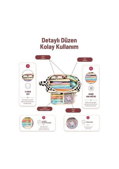 Üçgen Formlu Çok Bölmeli Geniş Kapasiteli Kumaş Kalemlik 20,5 Cm Dama Desenli Genel