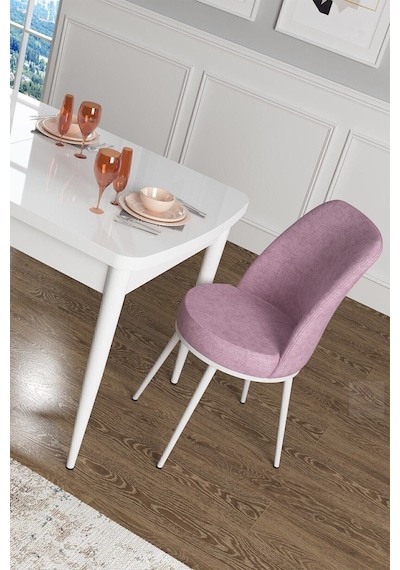 Canisa Concept Han Serisi 70x114 Açılabilir Mdf Mutfak Masası Takımı Beyaz Masa 6 Pembe Sandalye Masa Beyaz Sandalyeler Pembe