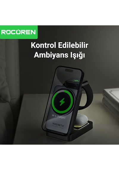 Rocoren 3 Ü 1 Arada Apple Uyumlu iPhone Airpods Watch Magsafe Kablosuz Şarj Cihazı Stand