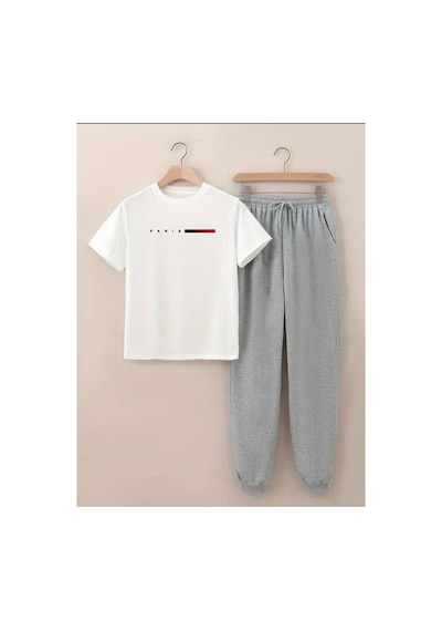 Medinenur Paris Baskılı T-shirt Eşofman Altı Jogger Rahat Kalıp Siyah Eşofman Takım Beyaz