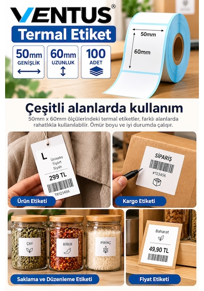 Ventus 50mmx60mm Termal Etiket 1 Rulo 100 Etiket