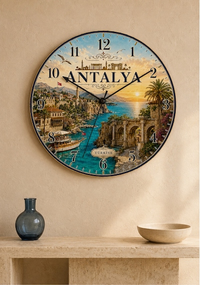 AA Shop Antalya Türkiye Şehir Manzaraları Desenli Dekoratif Baskılı Ahşap Duvar Saati 45 Cm Sessiz Akar Mekanizma 894 Çoklu Renkli