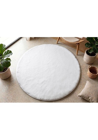 Beyaz Tavşan Tüyü Halı Yuvarlak Cotton Taban