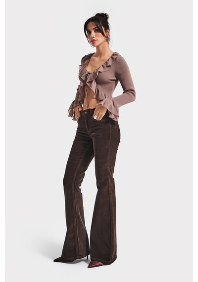 Itsbasic Kadın Koyu Kahverengi 26w5-136 Low Waist Flare Fit İnce Fitilli Velvet Kadife Kumaş Pantolon Koyu Kahve