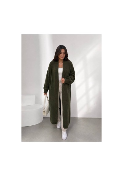 Hira Life Fashion Kadın Şal Yaka Uzun Triko Ve Sakallı Tüylü Hırka Haki Haki