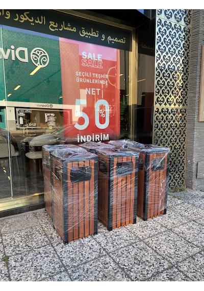 Ahşaplı Dış Mekan Çöp Kutusu P&b-808 Kamusal Park Bahçe Çöp Kovası Hey Çelik