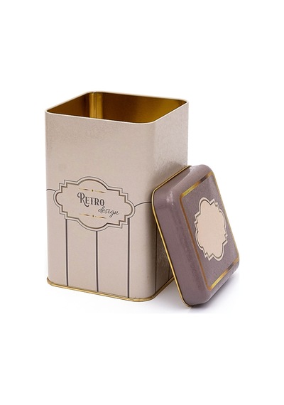 Retro Desenli Kare Metal Saklama Kabı 10.5 x 10.5 x 16 CM 1.7 L