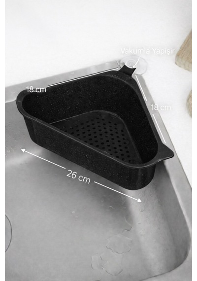 Sas Haus Vantuzlu Üçgen Lavabo Süzgeci Mutfak Evye Köşe Süzgeci Siyah Siyah
