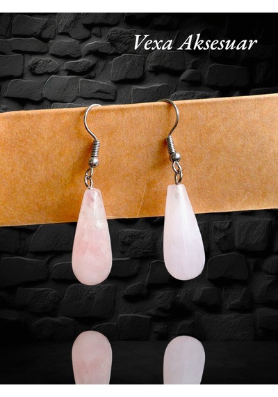 Pembe Kuvars Taşlı Damla Küpe Doğal Taş & Romantik Stil Vexa Aksesuar Pembe