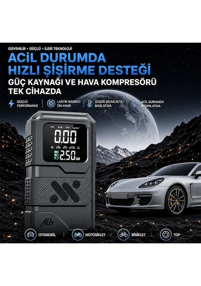 Ally 4 İn1 Jump Starter Lastik Sisirme Pompası Ve Powerbank Özellikli Starter Akü Takviye Seti