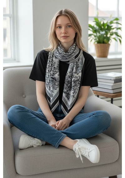 Miorel Scarfs Safari Tema Çift Taraflı Vual İpek Eşarp Silk Scarf Hijab Aksesuar Fular Cd Desen Siyah