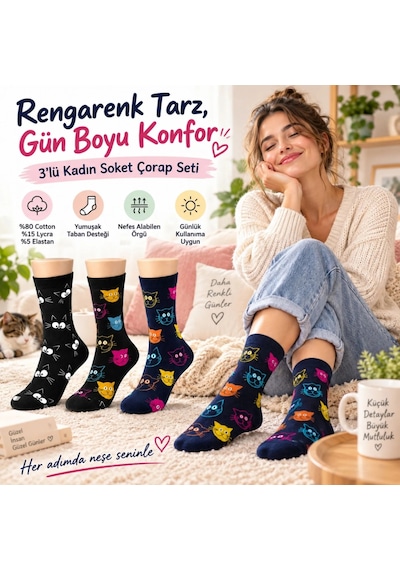 Çorap Giyim Unisex Kedi Desenli Çorap 6'lı Set Pamuklu Renkli Uzun Soket Dikişsiz Nefes Alan Rahat Günlük Çorap Çok Renkli