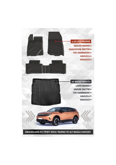 Opel Grandland Elektrikli / Plug İn Hybrid 2025+ Uyumlu 4.5d Sahler Premium Havuzlu Paspas Ve Liner Marka 3d Alt Bagaj Havuzu