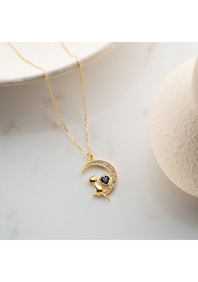 Vaoov 925 Ayar Gümüş Kalp Taşlı Ay Ve Kedi Kolye Gold