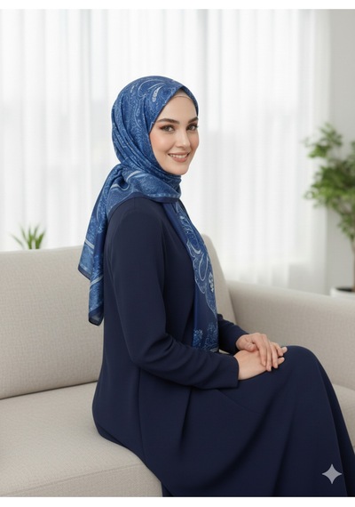 Premium Lux Original Etnik Desen Şal Vual İpek, 1. Sınıf, Hafif, Rahat, Şık, Tesettür Giyim Mavi - Lacivert