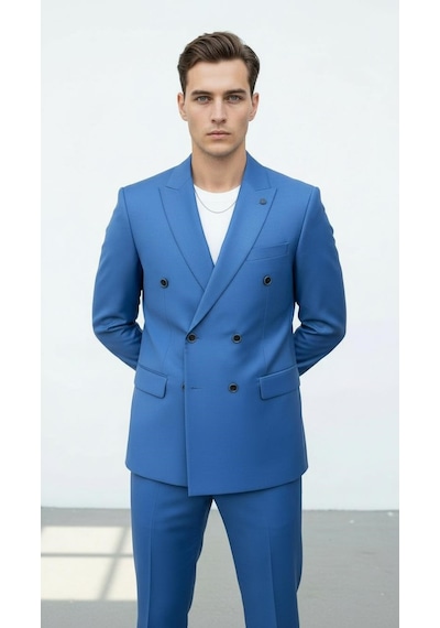 Plus Scorpion Gold Düğmeli Kruvaze Erkek Blazer Ceket Premium Kumaş, Slim Fit Şıklık Bebe Mavisi