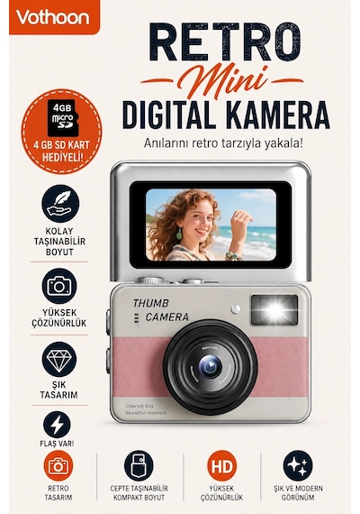 Mep Retro Mini Dijital Kamera 1080p 1.47 İnç Flip Ekranlı Flaşlı Selfie Vlog Kamerası 4gb Sd Hediyeli Pembe Najmad