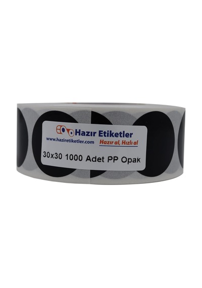Pp Opak Daire Çap Etiketi Rulo Etiket, 30mm X 30mm Çap 1000 Adet, Yuvarlak Siyah Zemin Baskılı 1