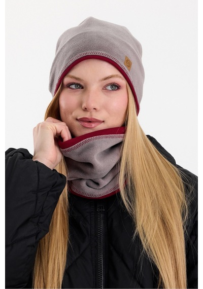 Butikgiz Kadın Dış Kısım Polar, İç Kısım Kaşkorse Pamuklu, Çift Renk, Çift Kat, Katlanabilir Bere Boyunluk Set Gri-bordo