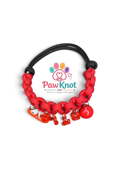 Pawknot Kişiye Özel İsimli Paracord Kedi Ve Köpek Tasması - Kırmızı / Sevimli Figürlü & Çanlı Kırmızı - Siyah