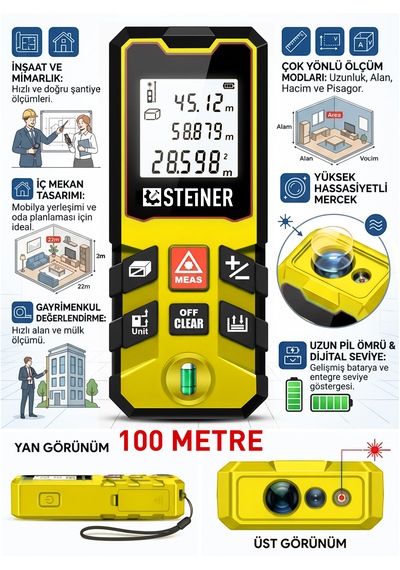 Steiner 100 Metre Su Terazili Uzunluk Alan Hacim Pisagor Ölçüm Cihazı Dijital Mesafe Ölçer Lazer Metre Sarı