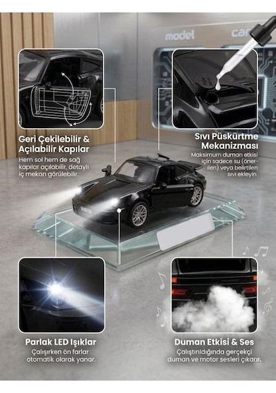 Duman Atan 3 Buton Fonksiyonlu Sesli Işıklı Müzikli Sürtmeli Kapıları Açılan Porsche Oyuncak Araba Siyah
