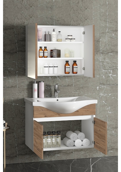 Yıldız 80 Cm Beyaz-atlantik Mdf Lavabolu Asma Banyo Dolabı Takımı Beyaz - Atlantik Çam